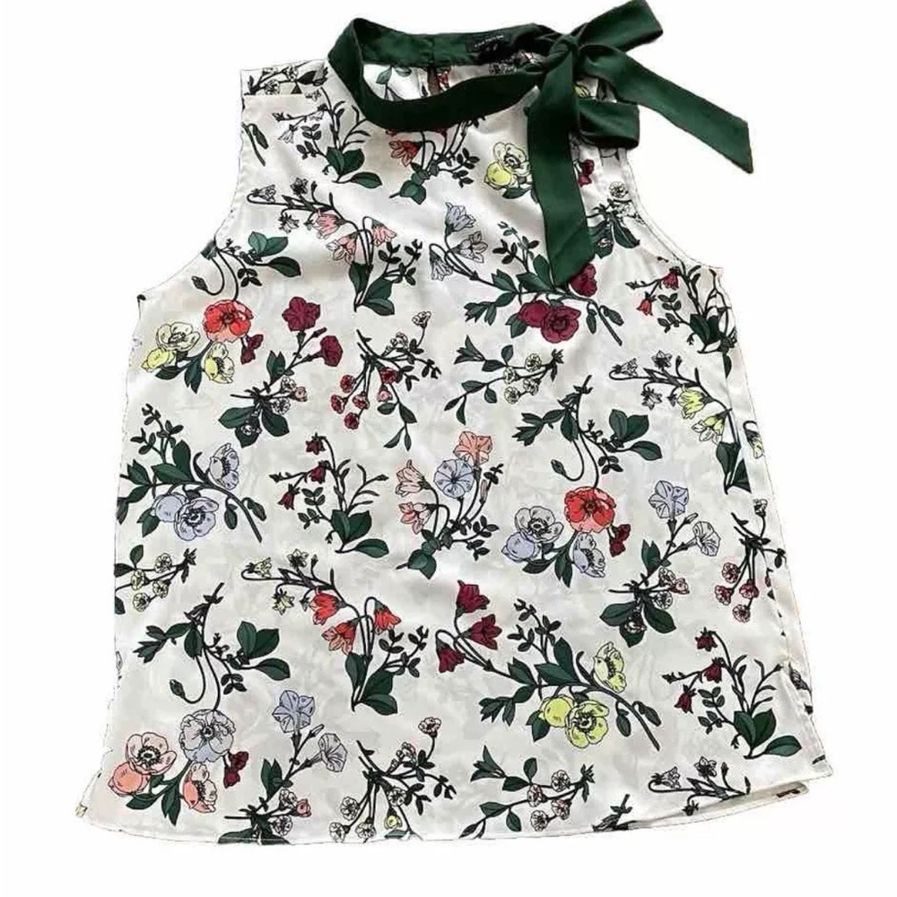 Anne Taylor Floral Print Sleeveless Blouse with Green Bow